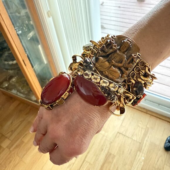 IRADJ MOINI SIGNED CITRINE TIGER EYE CARNELIAN STATEMENT BRACELET PIN BROOCH - Picture 9 of 12